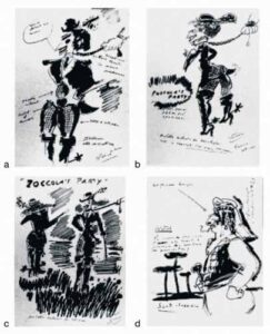 Εικόνα 8. Τρία αυθόρμητα σχέδια του Fellini (a, b, c) 60 ημέρες μετά το εγκεφαλικό σε σύγκριση με ένα σχέδιο (d) που είχε φτιάξει πριν από την εγκεφαλική βλάβη [η εικονογράφηση είναι από το De Santi, 1981, Copyright 1976 Diogenes Verlag AG Zürich]. Το ύφος είναι ισοδύναμο και δεν υπάρχουν σημεία παραμέλησης (Πρωτότυπο έγχρωμο).