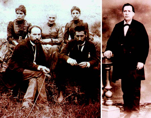 Η μητέρα Αντωνία Καχάλ Πουέντε (1825-1898) με τις κόρες της Χόρχα (1859-1948) και Πάμπλα (1857-1944) και τους γιους της Σαντιάγο (1852-1934) και Πέδρο (1854-1950). Φωτογραφία σε πλάκα βρωμιούχου ζελατίνης τραβηγμένη από τον 38χρονο Σαντιάγο Ραμόν υ Καχάλ (που πυροδοτεί το «τηλεκοντρόλ» με το δεξί του χέρι) γύρω στο 1890, τη χρονιά που ο 36χρονος αδελφός του υποστήριζε τη διδακτορική του διατριβή. Δεξιά, ο πατέρας των δύο ιστολόγων, ο γιατρός Χούστο Ραμόν Κασαχούς (1822-1903).1,19,24