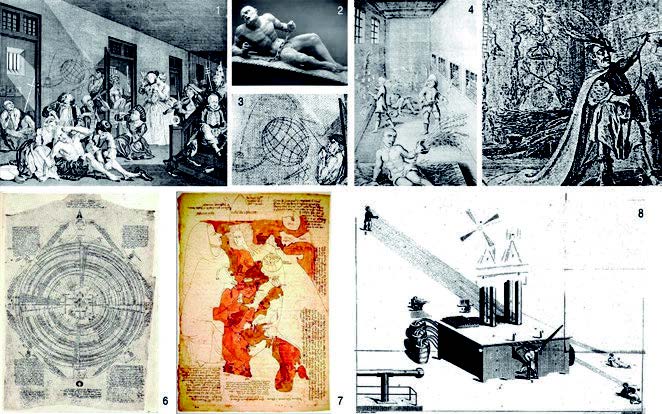 1. W. Hogarth, Η Πορεία του Κολασμένου - 2. G. Gibber, Διεγερμένη Τρέλα - 3. εικ. 1, λεπτομέρεια - 4. B. Lens και J. Sturt, ,Αίθουσα αντρών στο Bedlam - 5. Paul Sandby, ο Hogarth σαν έγκλειστος ασθενής - 6. Opicinus de Canistris, Αυτοβιογραφία - 7. Opicinus de Canistris, Χάρτης - 8. James Tilly Matthews, Air loom (αργαλειός του αέρα)