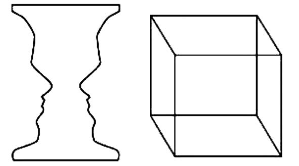 Εικόνα 1. Το βάζο-πρόσωπο του Rubin (αριστερά) και ο κύβος του Necker (δεξιά) από τους Blake & Logothetis (2002).